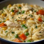 Close-up of creamy Chicken Pot Pie Orzo with shredded chicken, peas, carrots, and corn in a rich, comforting sauce.