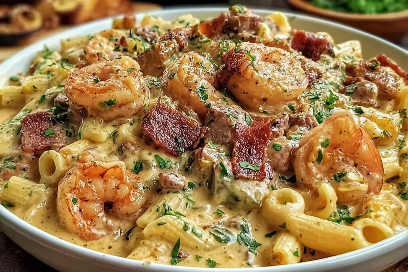 Creamy Pappadeaux Mardi Gras Pasta with penne, Cajun shrimp, smoky andouille sausage, and rich Parmesan cream sauce, topped with parsley.