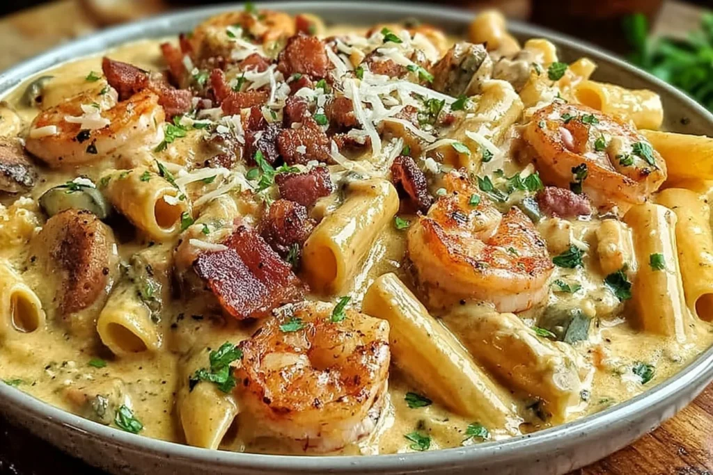 Creamy Pappadeaux Mardi Gras Pasta with rigatoni, seared Cajun shrimp, crispy bacon pieces, and Parmesan cream sauce, finished with parsley