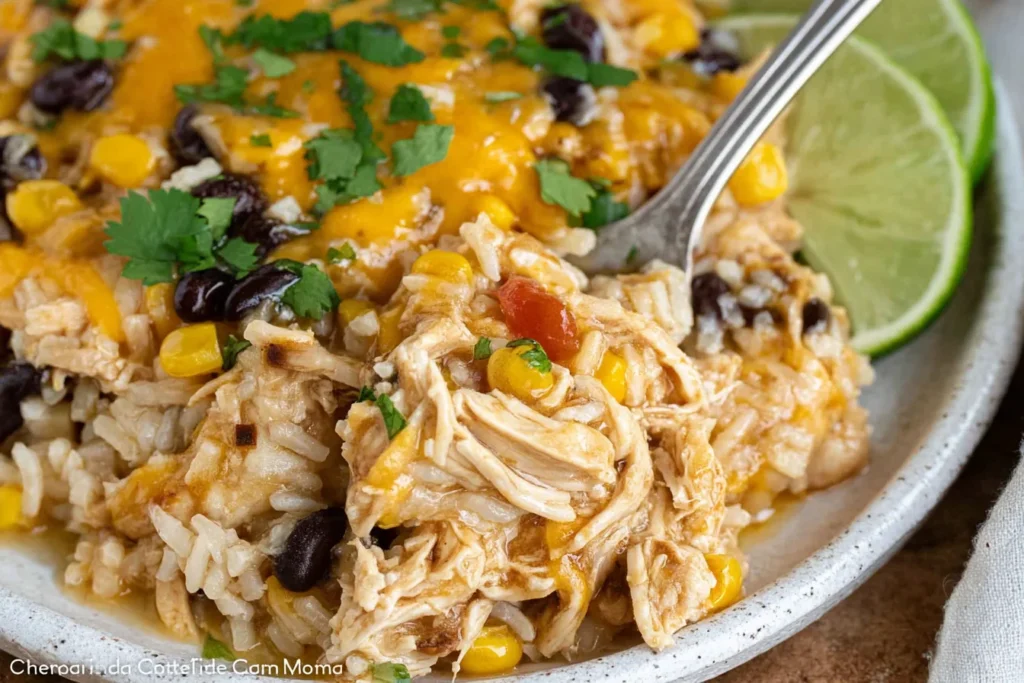 Close-up serving of Southwest Crock Pot Chicken and Rice with shredded chicken, white rice, black beans, corn, melted cheddar, cilantro, and lime.