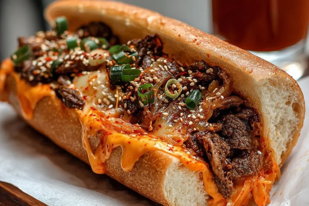 Spicy Kimchi Bulgogi Cheesesteak in a crusty hoagie roll with bulgogi beef, sautéed onions, melty cheese, kimchi, sesame seeds, and scallions.