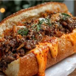 Spicy Kimchi Bulgogi Cheesesteak on a toasted hoagie roll with melty cheese, bulgogi beef, kimchi, sesame seeds, and scallions.