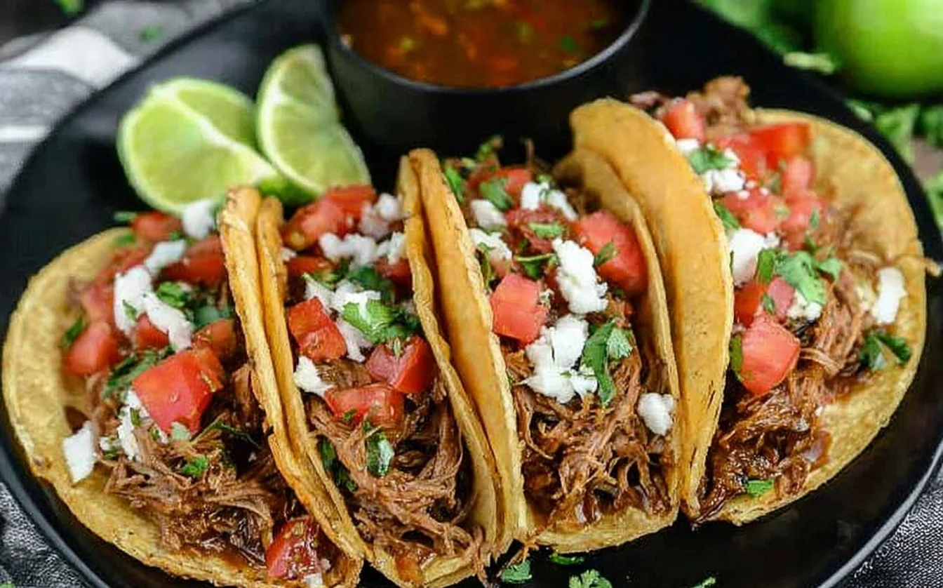 Crock Pot Street Tacos recipe served in mini corn tortillas with shredded beef, pico de gallo, cilantro, queso fresco, and lime wedges.