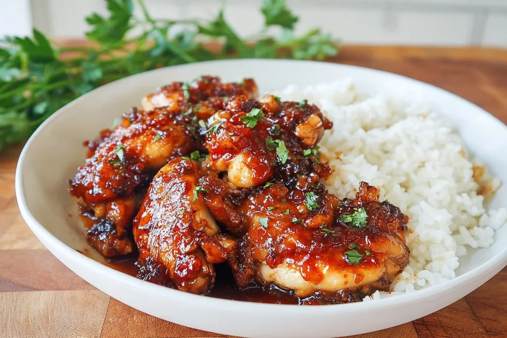 Honey Butter Chicken thighs coated in a sticky honey-butter garlic sauce, served with fluffy white rice and sprinkled with parsley.