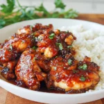 Honey Butter Chicken thighs coated in a sticky honey-butter garlic sauce, served with fluffy white rice and sprinkled with parsley.