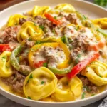 Crock Pot Cheesesteak Tortellini in a bowl with tender beef, melted cheese, and sautéed bell peppers and onions.
