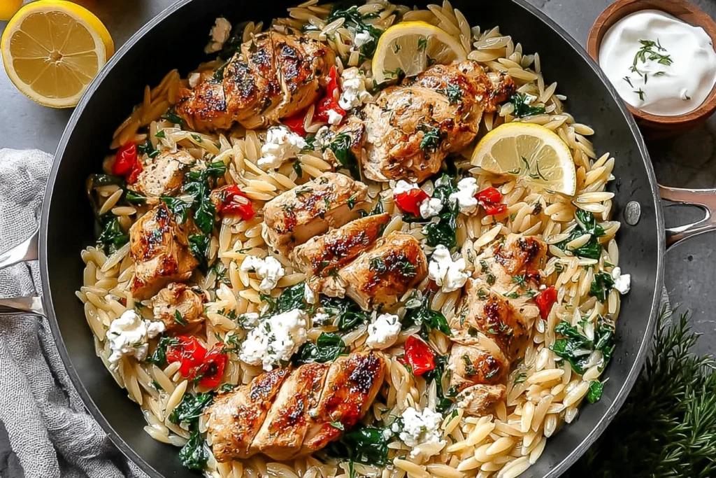 Lemon Feta Chicken and Orzo skillet with seared chicken, tender orzo, spinach, crumbled feta, herbs, and fresh lemon slices.