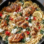 Lemon Feta Chicken and Orzo skillet with seared chicken, tender orzo, spinach, crumbled feta, herbs, and fresh lemon slices.