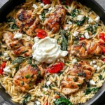 Lemon Feta Chicken and Orzo in a skillet with juicy seared chicken, creamy orzo, spinach, cherry tomatoes, and crumbled feta.