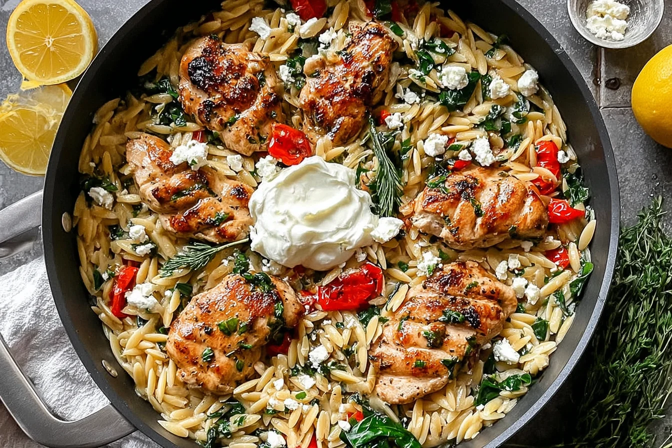 Lemon Feta Chicken and Orzo in a skillet with juicy seared chicken, creamy orzo, spinach, cherry tomatoes, and crumbled feta.