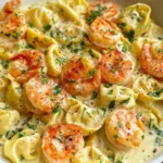 Shrimp Tortellini in Lemon Garlic Cream Sauce served in a bowl with juicy sautéed shrimp, cheese tortellini, creamy lemon-garlic sauce, parsley, and lemon slices.