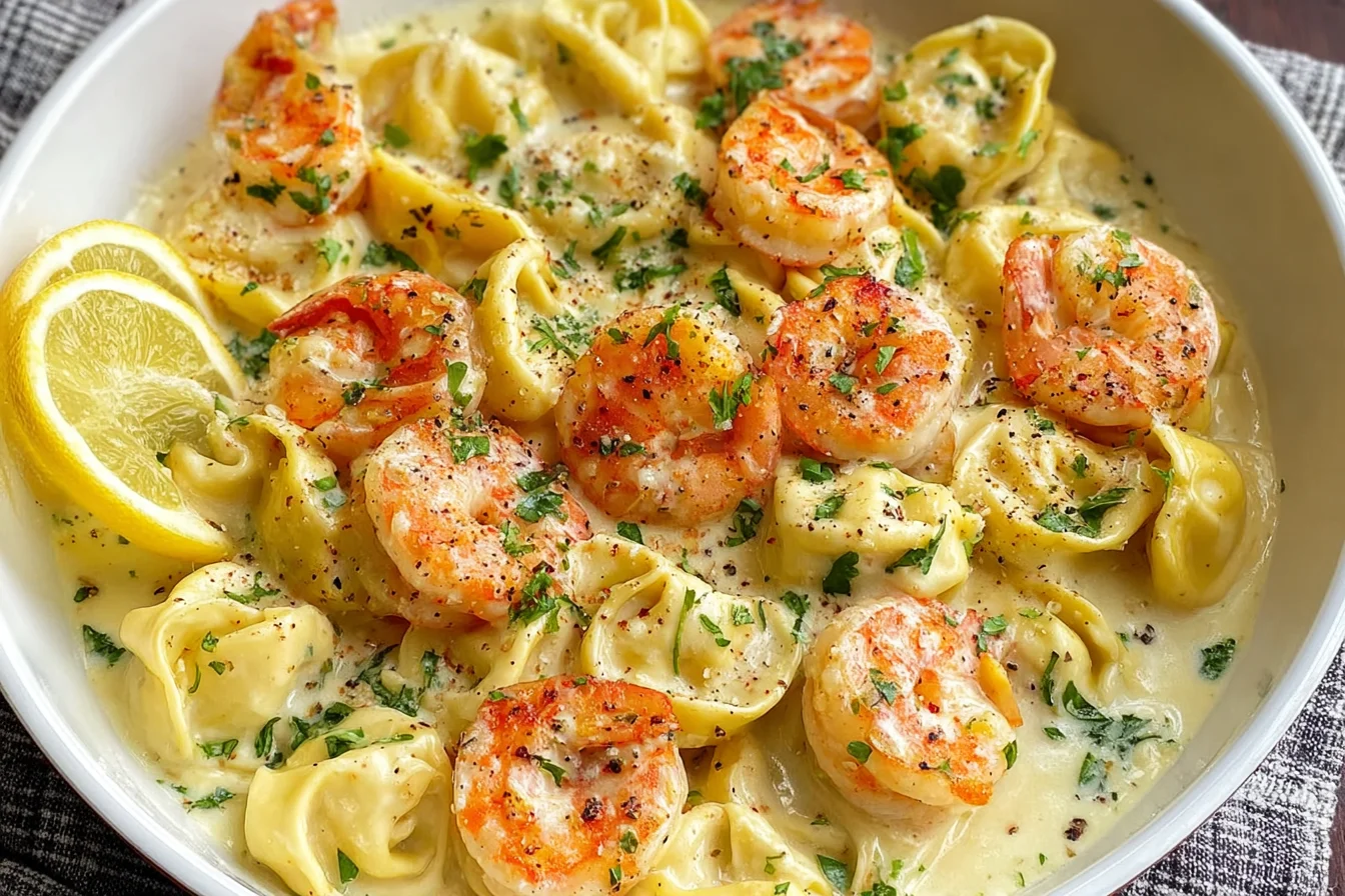 Shrimp Tortellini in Lemon Garlic Cream Sauce served in a bowl with juicy sautéed shrimp, cheese tortellini, creamy lemon-garlic sauce, parsley, and lemon slices.