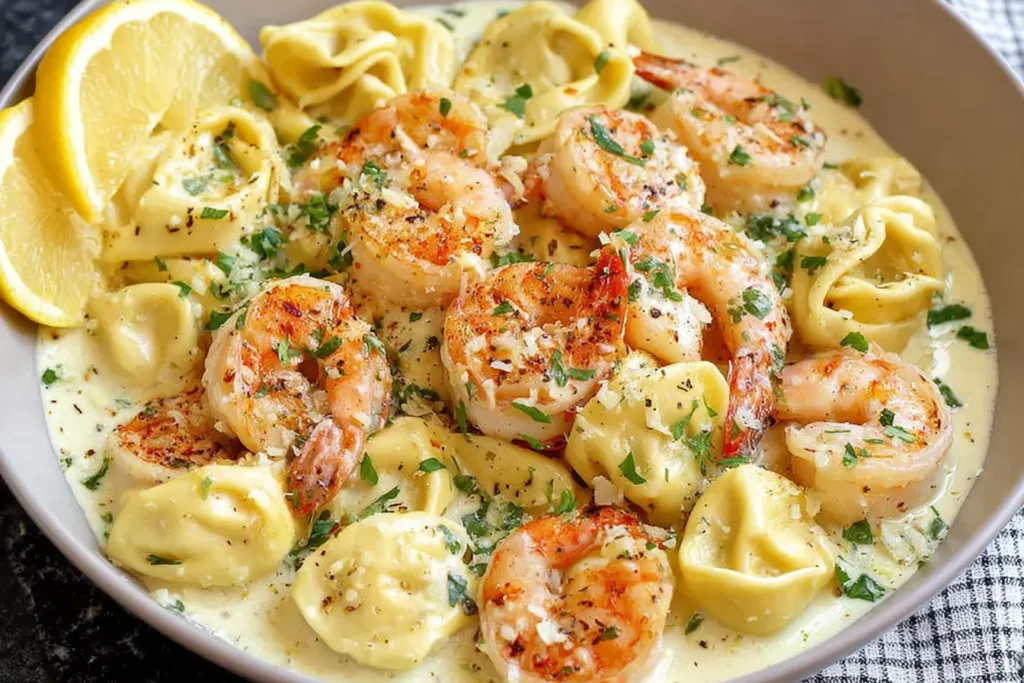 Shrimp Tortellini in Lemon Garlic Cream Sauce in a bowl with tender shrimp, cheese tortellini, creamy lemon-garlic sauce, parsley, and lemon wedges.