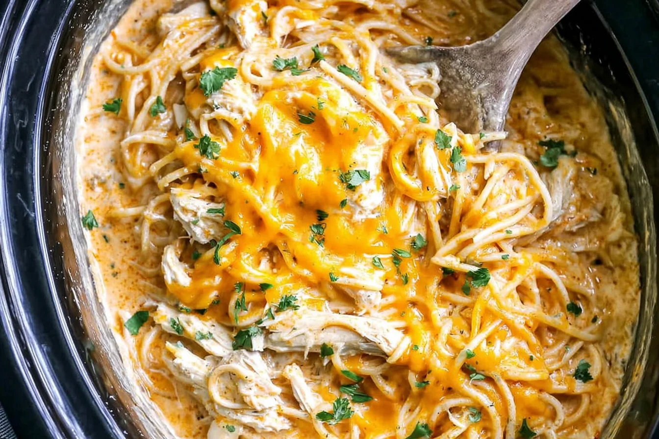 Creamy Crock Pot Chicken Spaghetti with shredded chicken, melted cheddar cheese, and herbs in a slow cooker.