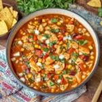 BBQ Chicken Soup in a bowl with tender chicken, beans, corn, bell peppers, and fresh cilantro, served with tortilla chips on the side.