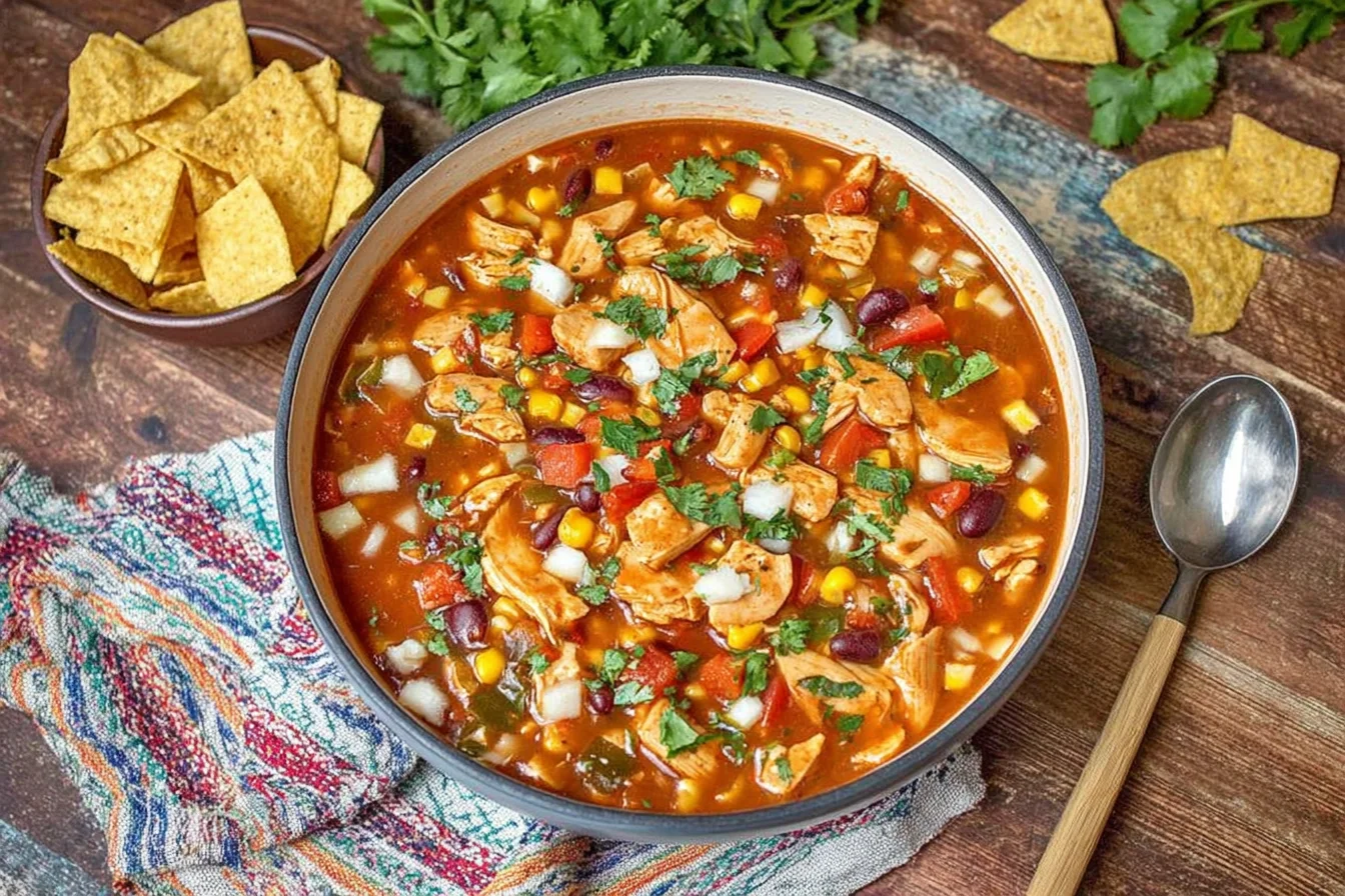 BBQ Chicken Soup in a bowl with tender chicken, beans, corn, bell peppers, and fresh cilantro, served with tortilla chips on the side.