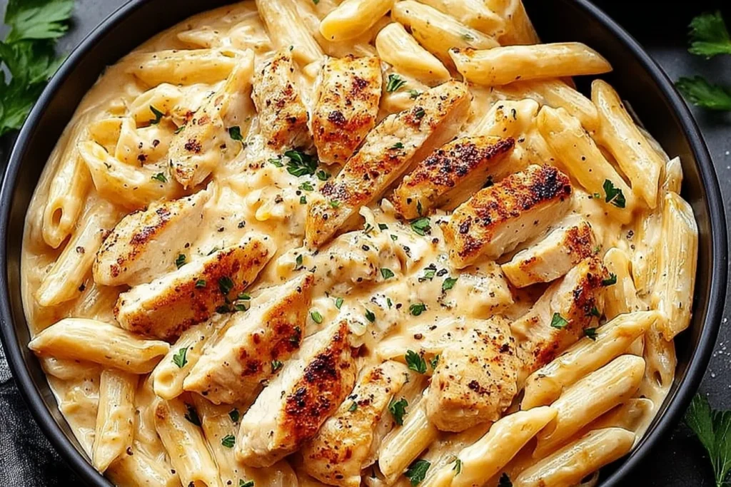 Crock Pot Creamy Cajun Chicken Pasta in a black bowl with penne, creamy sauce, and golden seared chicken pieces topped with parsley.