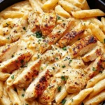 Crock Pot Creamy Cajun Chicken Pasta in a black bowl with penne, creamy sauce, and golden seared chicken pieces topped with parsley.