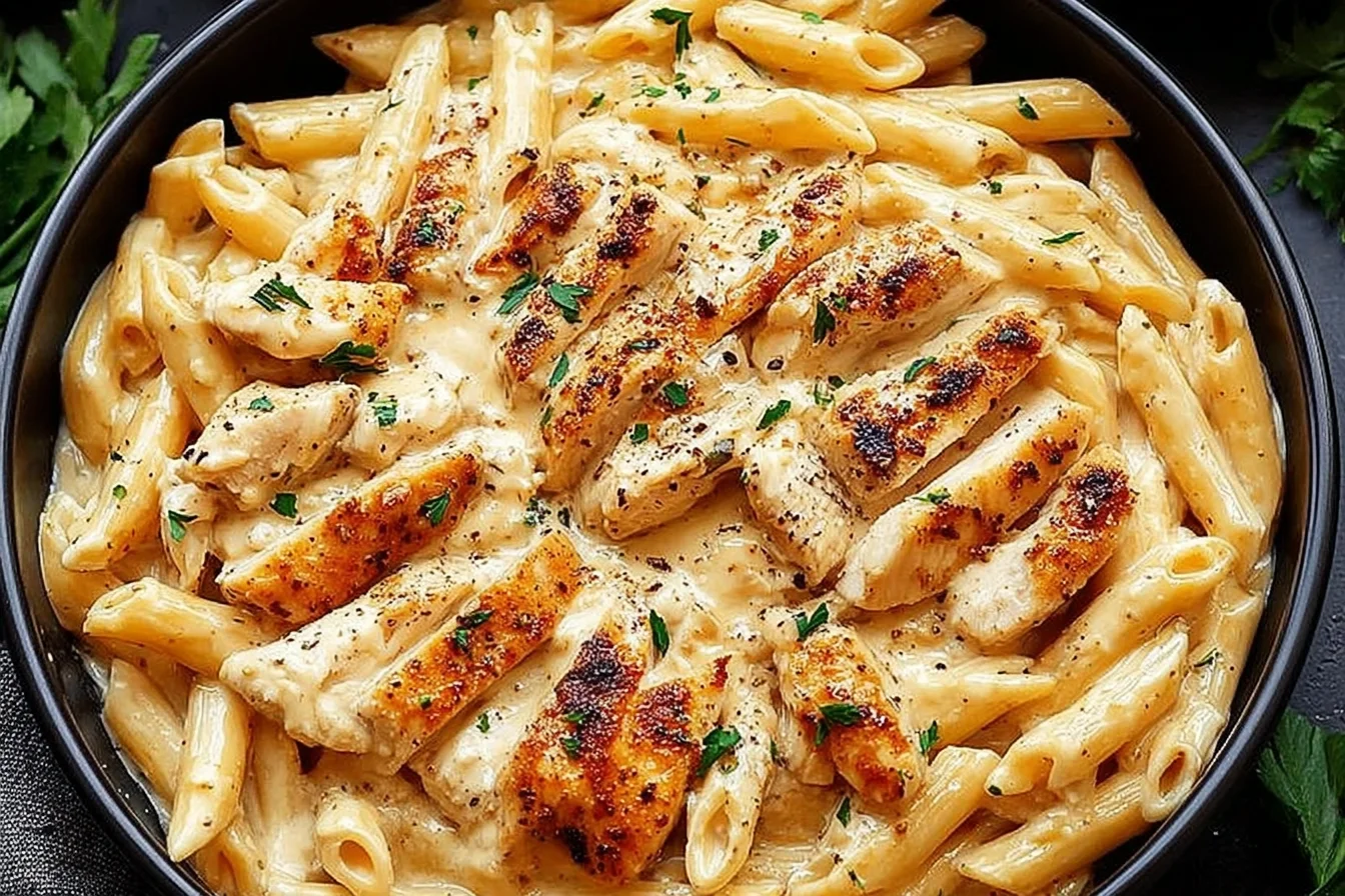 Crock Pot Creamy Cajun Chicken Pasta with tender chicken and penne in a rich, creamy sauce, garnished with parsley in a black bowl.