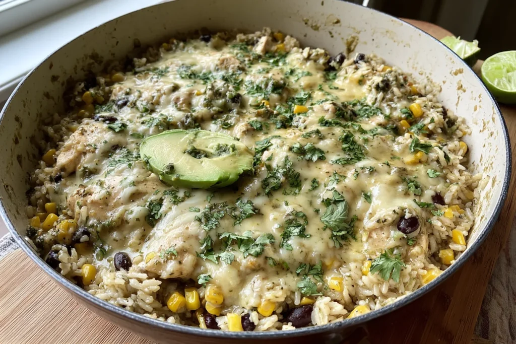 Salsa Verde Chicken and Rice Skillet with melted Monterey Jack cheese, black beans, corn, and cilantro, topped with avocado in a large pan.