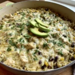 Salsa Verde Chicken and Rice Skillet topped with melted Monterey Jack, black beans, corn, cilantro, and fresh avocado slices in a large pan.