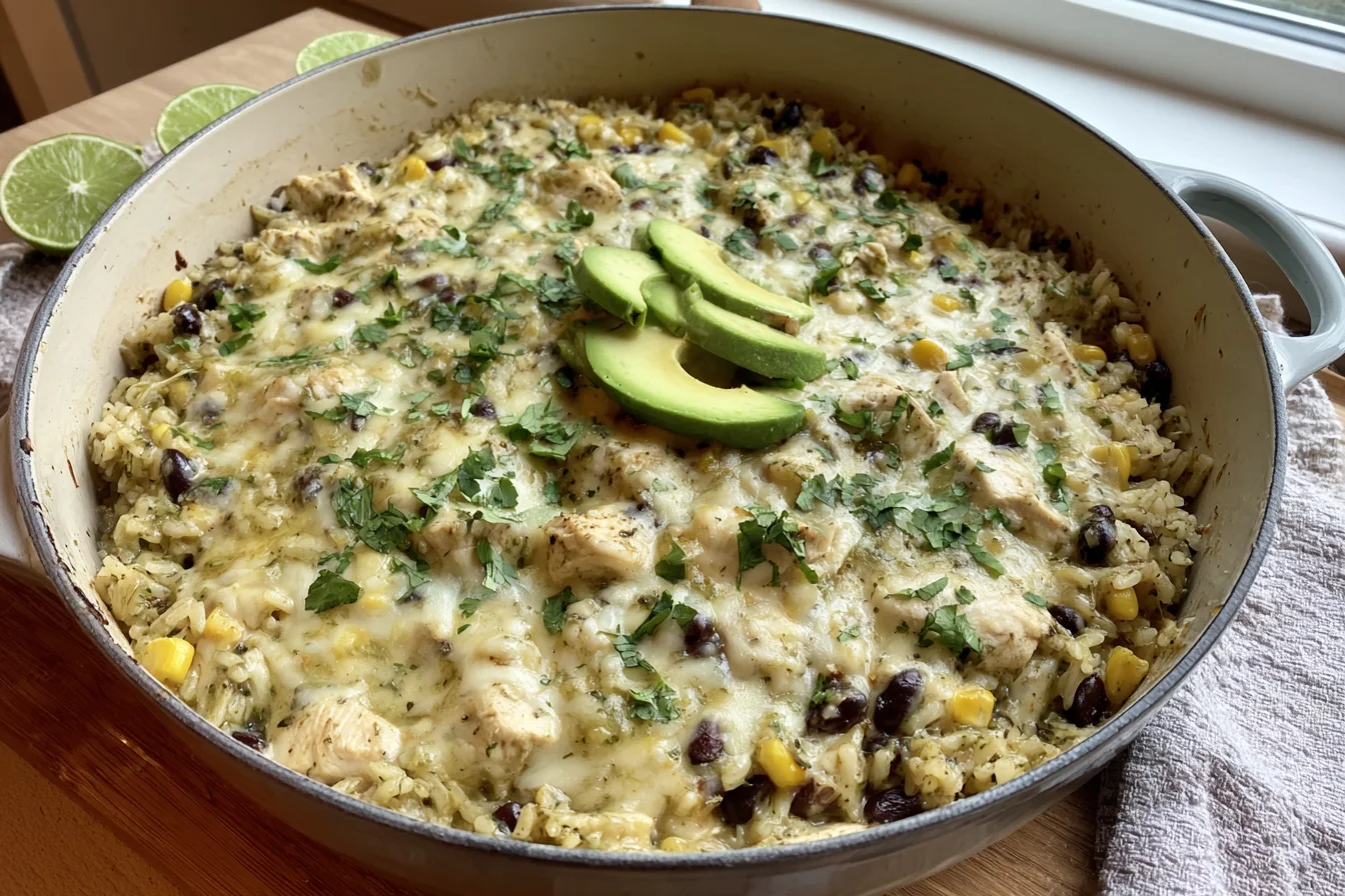 Salsa Verde Chicken and Rice Skillet topped with melted Monterey Jack, black beans, corn, cilantro, and fresh avocado slices in a large pan.