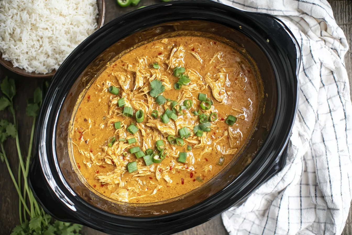 Crock pot Sweet Chili Chicken in a slow cooker with creamy shredded chicken, sweet chili sauce, and green onion garnish, served with rice.