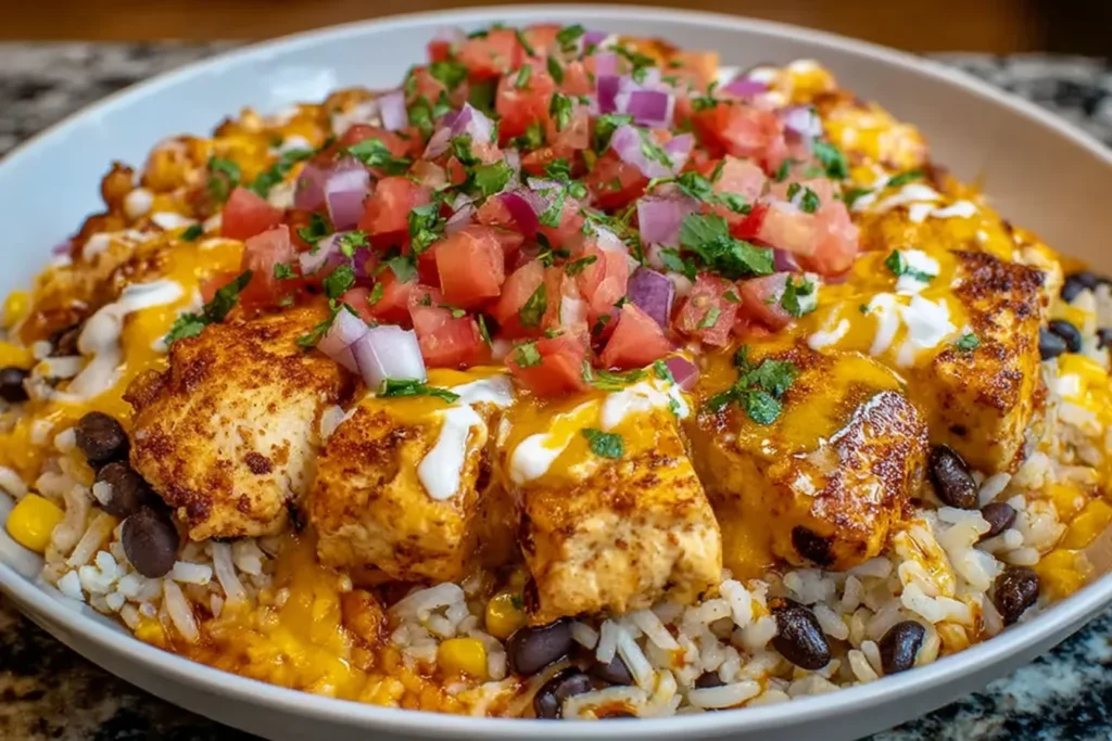 One-Pot Cheesy Southwest Chicken and Rice in a bowl with seasoned chicken, melted cheddar, black beans, corn, and pico de gallo on top.