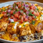 One-Pot Cheesy Southwest Chicken and Rice in a bowl with seasoned chicken, melted cheddar, black beans, corn, and pico de gallo on top.