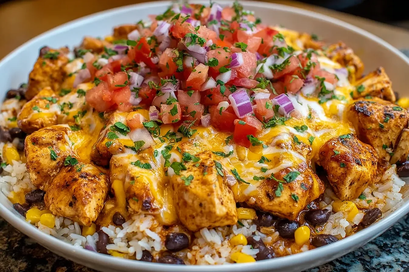 One-Pot Cheesy Southwest Chicken and Rice topped with melted cheddar, black beans, corn, and fresh pico de gallo in a white bowl.