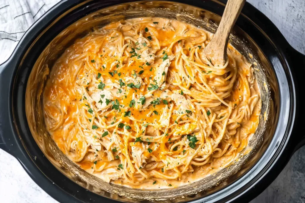 Creamy Crock Pot Chicken Spaghetti in a slow cooker with shredded chicken, spaghetti noodles, melted cheddar, and parsley.