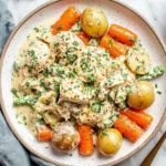 Ranch Chicken and Veggies with Cottage Cheese served creamy in a bowl with baby potatoes, carrots, and green beans, topped with fresh parsley.