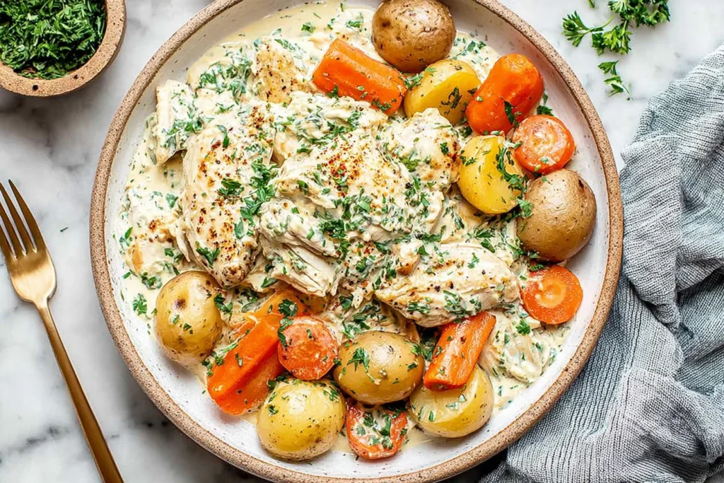 Ranch Chicken and Veggies with Cottage Cheese in a creamy ranch sauce with tender chicken, baby potatoes, sliced carrots, and fresh parsley.