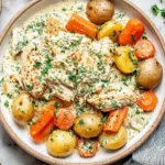 Ranch Chicken and Veggies with Cottage Cheese in a creamy ranch sauce with tender chicken, baby potatoes, sliced carrots, and fresh parsley.