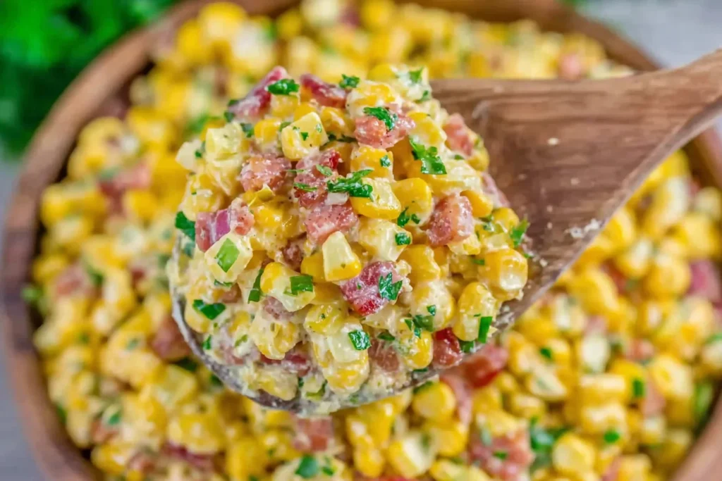 Creamy Crack Corn Salad with sweet corn, crispy bacon, cheddar, and fresh herbs on a wooden spoon.