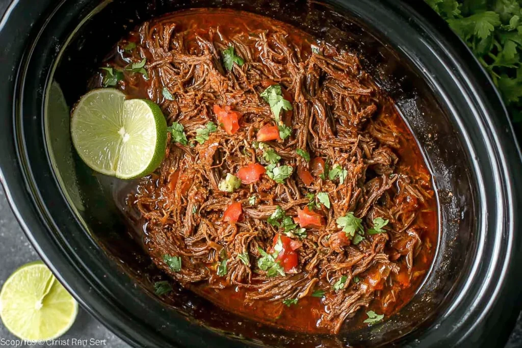 Crock Pot Street Tacos recipe shredded beef in slow cooker with lime and cilantro, juicy and tender for easy taco night.