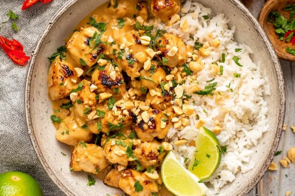 Thai Peanut Chicken bowl with creamy peanut sauce, grilled chicken bites, fluffy white rice, chopped peanuts, cilantro, and lime wedges.