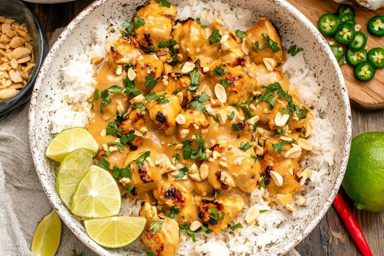 Thai Peanut Chicken over fluffy white rice with creamy coconut peanut sauce, chopped peanuts, cilantro, and fresh lime wedges.