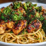 Spicy Garlic Chicken and Broccoli Noodle Bowls with saucy garlic chicken, crisp-tender broccoli, and noodles topped with chili flakes and green onions.