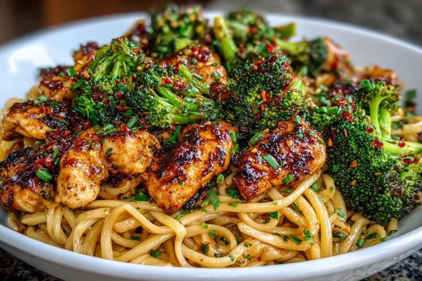 Spicy Garlic Chicken and Broccoli Noodle Bowls with saucy garlic chicken, crisp-tender broccoli, and noodles topped with chili flakes and green onions.