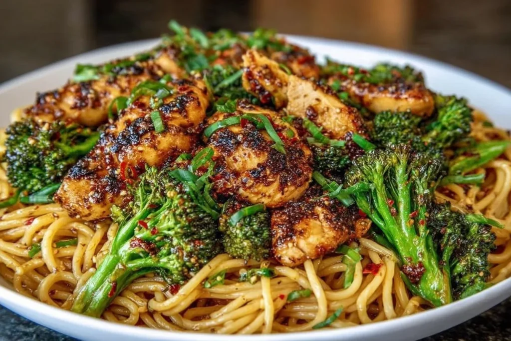 Spicy Garlic Chicken and Broccoli Noodle Bowls piled with caramelized garlic-chili chicken, tender broccoli, and glossy noodles, topped with green onions and red pepper flakes.
