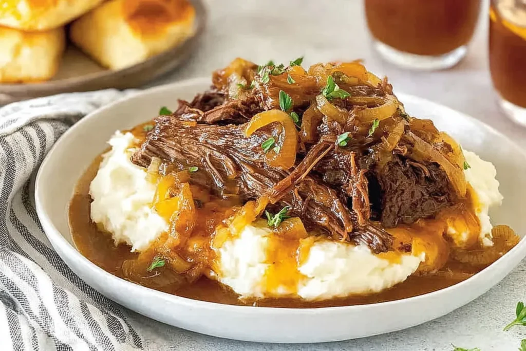 Crock Pot French Onion Pot Roast served over creamy mashed potatoes with caramelized onions and rich onion gravy, garnished with parsley.