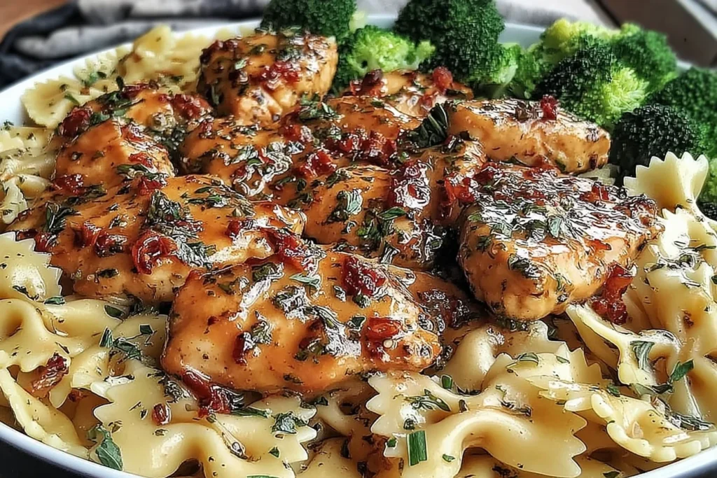 Cowboy Butter Lemon Bowtie Chicken with Broccoli served over bowtie pasta, topped with juicy chicken in a glossy lemon butter herb sauce and broccoli.