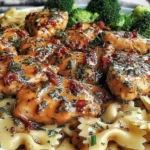 Cowboy Butter Lemon Bowtie Chicken with Broccoli served over bowtie pasta, topped with juicy chicken in a glossy lemon butter herb sauce and broccoli.