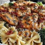Cowboy Butter Lemon Bowtie Chicken with Broccoli in a bowl with farfalle pasta, tender chicken, creamy lemon butter sauce, and broccoli florets.