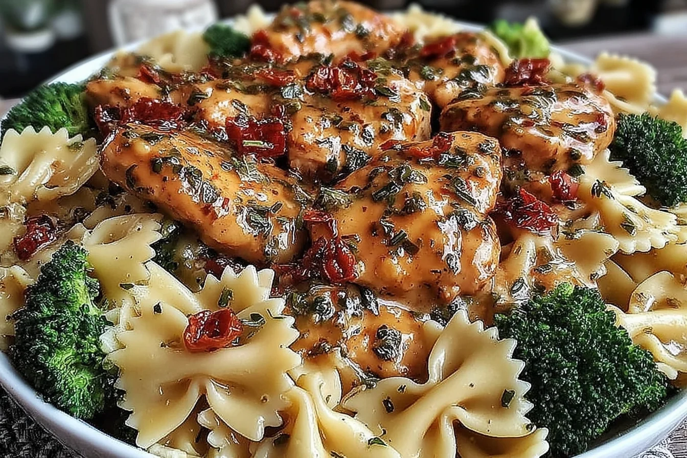 Cowboy Butter Lemon Bowtie Chicken with Broccoli in a bowl with farfalle pasta, tender chicken, creamy lemon butter sauce, and broccoli florets.