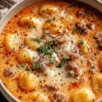 Creamy Italian Sausage Gnocchi Soup topped with melted cheese, cracked black pepper, and herbs in a creamy tomato broth.