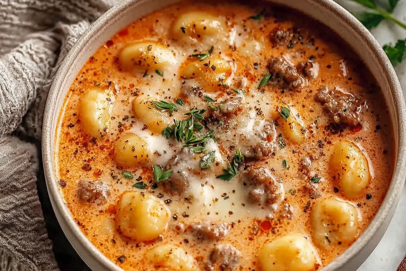 Creamy Italian Sausage Gnocchi Soup topped with melted cheese, cracked black pepper, and herbs in a creamy tomato broth.