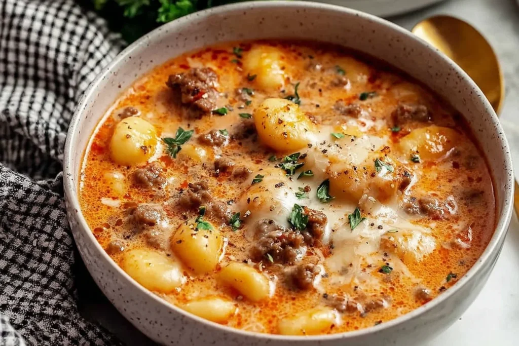 Creamy Italian Sausage Gnocchi Soup in a bowl with tender gnocchi, browned sausage, creamy tomato broth, and fresh herbs.