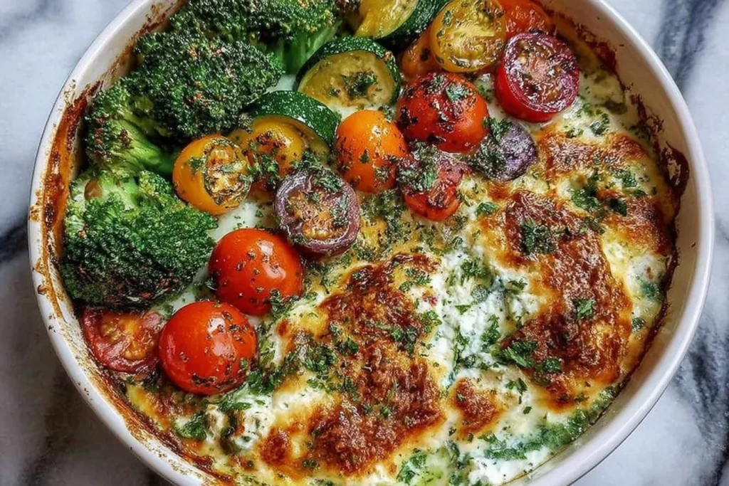 High Protein Veggie Bake with Cottage Cheese in a round baking dish, topped with golden melted cheese, broccoli, zucchini, and roasted cherry tomatoes.
